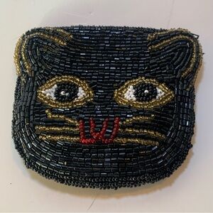 4" Sequin Cat‎ coin purse, shiny black cat or kitten face whiskers pet